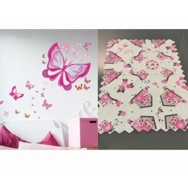 Imagem de kit 3 Toalhas de Geladeira Coruja + Adesivo Decorativo Borboleta Rosa 
