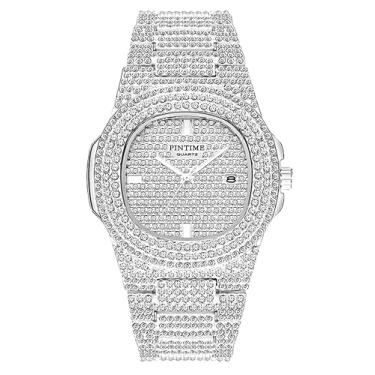 Imagem de Gosasa Relógios de diamante unissex de luxo com mostrador grande, relógio de quartzo feminino, masculino, dourado, prata, ouro rosa, pulseira de aço inoxidável, Prata, Luxuoso