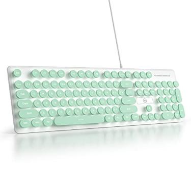 Imagem de surmen Teclado silencioso fofo com fio verde para computador, teclado retroiluminado para PC com teclas redondas retrô, tamanho completo, 104 teclas para computador de escritório (verde)