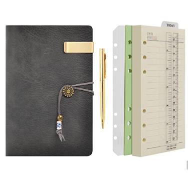 Imagem de Notebook e caneta de papel forrado em couro A5 A6 da Wonderpool – 6 anéis recarregáveis para escrever em espiral com blocos de anotações com pauta, capa vintage para trabalho de escritório e agenda de plano, a-Grey, A6