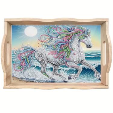 Imagem de ShuoBeiter DIY Diamond Art Tray with Handle Diamond Art Painting Plate Creative Design Handmade Wooden Tray Mosaic Making 7.8x11.8 Inches（S22)