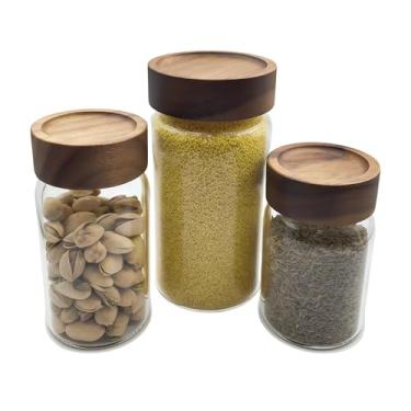 Imagem de Dtymm Frascos de armazenamento de vidro herméticos com tampas de madeira de acácia - conjunto de 3, tanque de armazenamento de cozinha para grãos, açúcar, café, chá, especiarias