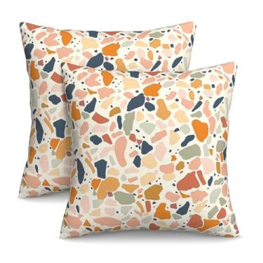 Imagem de KiuLoam Boho Terrazzo Stones Capas de almofada rosa azul 45,7 x 45,7 cm, conjunto de 2 fronhas decorativas para ambientes externos, capas de almofada para sofá-cama, decoração de casa