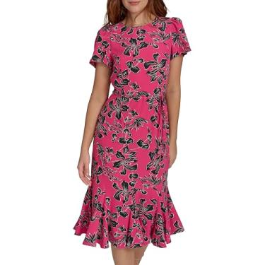 Imagem de Tommy Hilfiger Vestido feminino de tecido elástico com saia trompete autoamarrada com cinto, Rosa choque multi, 38