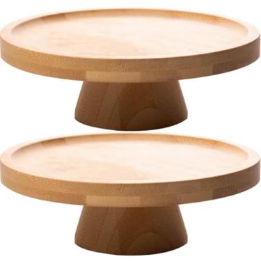 Imagem de 2 Pratos Pedestal Redondos Bambu para Bolo 20cm Boleiras Pequenas Decoração