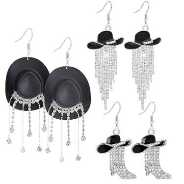 Imagem de 3 pares de brincos de faroeste feminino brilhante rústico Couture strass borlas chapéu botas brincos cowgirl caubói shows country roupas de cowboy roupas joias, Small, Liga de aço, Sem pedra preciosa