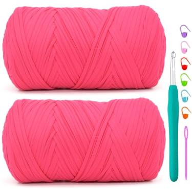 Imagem de Pacote com 2 camisetas de crochê, rosa choque, tecido elástico macio, grosso, fio de crochê para crochê, tricô iniciante, bolsa de tricô à mão/artesanato faça você mesmo/decoração de casa 2 * 400G