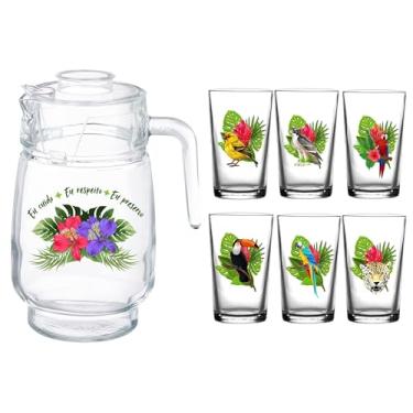 Imagem de Jarra De Vidro 1.6 Lts + 6 Copos 190ml Temáticos Pantanal Colorido Ideal Para Mesa Posta Criativa Alta Resistência Qualidade