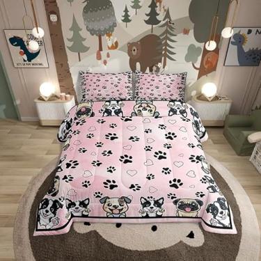 Imagem de Manfei Conjunto de edredom fofo de pata de cachorro, desenho animado, animal de estimação, quarto de adolescentes, pegada de cachorro, corações amorosos, conjunto de colcha kawaii, rosa, 3 peças com 2