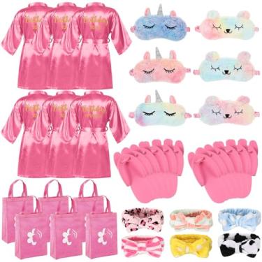Imagem de Shihanee Conjunto de 30 peças de artigos de festa de aniversário de spa para meninas, conjunto de 6 roupões de cetim para festa do pijama, pacote infantil, kit de aniversário de princesa, rosa