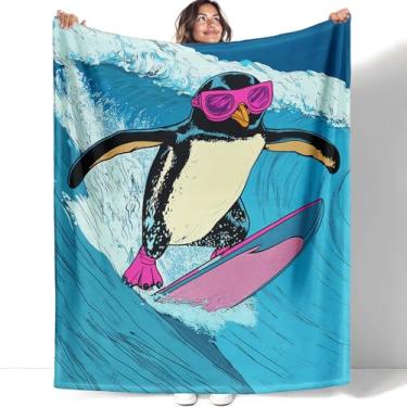 Imagem de YISUMEI Cobertor de surf de pinguim de desenho animado presentes para adultos e crianças – Cobertor de pelúcia ultramacio para cama, sofá, acampamento - 152 x 203 cm