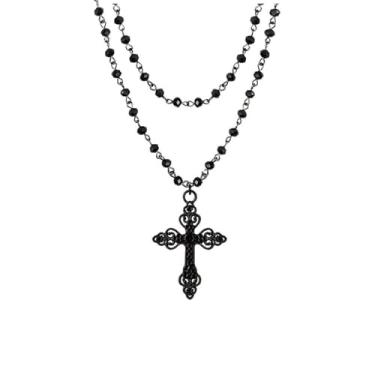Imagem de TACBSP Gargantilha gótica em camadas para mulheres, colar com pingente de lua e morcego preto e cruz de morcego, joias de Halloween, presentes, Large, Metal, Sem Pedra Preciosa