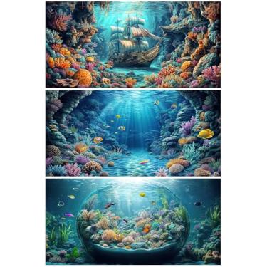 Imagem de Dtekoj Pacote de 36 x 18 cm Pacote com 3 Fundo de Aquário, Fundo de Terrário de Tanque de Peixes, Tecido Poliéster Navio Afundado Tropical Corais Submarinos Paisagem Fundo de Aquário Vida Marinha com