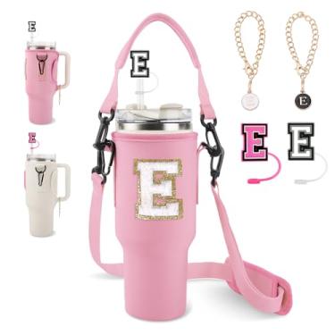 Imagem de Initial Water Bottle Holder Bag for Stanley 40oz Tumbler, Personalized Letter Water Bottle Carrier Bag with Adjustable Strap, Straw Cover Cap & Letter Chains for Stanley Cup Accessories(Pink-White E)