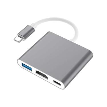 Imagem de VERDE Adaptador 3 em 1 Tipo C, USB-A 3.0 com Saída HDMI 4K para Notebook, Celular e Tablet, Prata