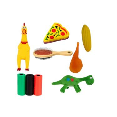 Imagem de kit c/ 05 Brinquedos Pet Mordedor (Frango, Coxa de Frango, Milho, Pizza) c/Som + Pelucia Dino (Verde) + 01 Escova Dupla + 03 Refil Cata Coco c/ 50 Unidades cada. Presentei seu Pet !!