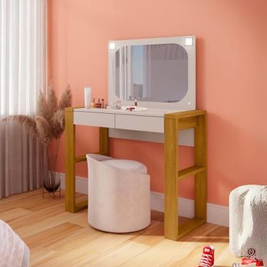 Imagem de Penteadeira Bancada Encanto 2 Gavetas Espelho E Led Embutido 100% Em Mdf com Divisórias (Carvalho Oro/Pérola)