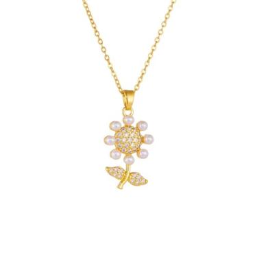 Imagem de Colar feminino com pingente de flor de bola de cristal banhado a ouro 14K de aço inoxidável delicado CZ girassol folha de girassol elos elos colares ajustáveis joias de festa de aniversário de