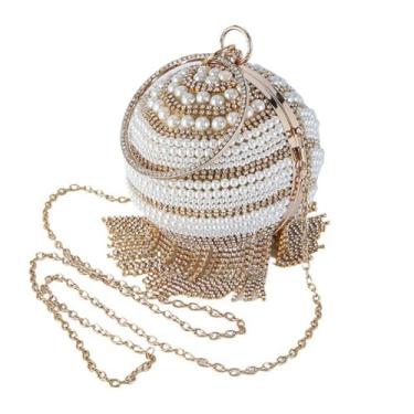 Imagem de GJHFCXSO Bolsa Feminina com Strass Brilhantes, Bolsa De Mão Para Noite, Corrente De Metal, Borla de Diamante, Glitter, Festa, Casamento,Gold