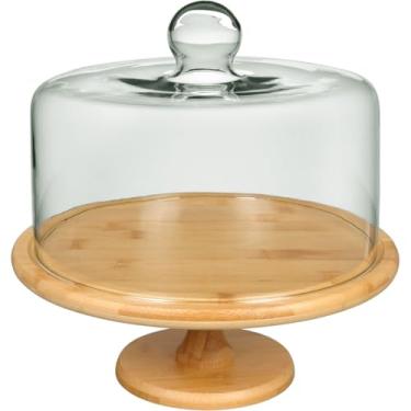 Imagem de PRATO BOLO REDONDO COM PÉ HOME&CO TAMPA VIDRO BAMBU 29x28x28cm