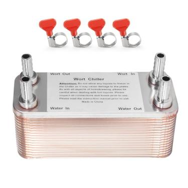 Imagem de Refrigerador de mosto 30 placas, conexão de encaixe de farpa de 1/2, trocador de calor de cobre de placa soldada para cerveja caseira, placa de aço inoxidável de 19 x 7,4 cm, sistema de resfriamento
