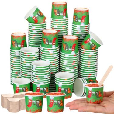Imagem de Teenyyou Conjunto de 400 copos de degustação Chili Cook Off, 200 peças de copos de papel de cozinha mini chili de 59 ml e 200 colheres de madeira Pepper Cook Off Decorações de festa para concursos de