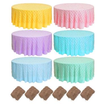 Imagem de Oudain 12 peças de toalha de mesa redonda de plástico ondas do oceano, 213 cm, com rede de peixes, decorativa, impermeável, tema do mar, capa de mesa de piquenique para festa de aniversário com tema