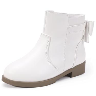 Imagem de PANDANINJIA Botas infantis modernas para meninas, botas de cano curto, com laço e zíper lateral, Poliuretano branco, 19