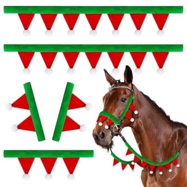 Imagem de Abbylike Conjuntos de freio de feltro de cavalo de Natal: 2 peças de capas de freio e rédeas 1 peça almofada de nariz 2 peças almofadas de bochecha mini papai noel freios e rédeas capas com bolas