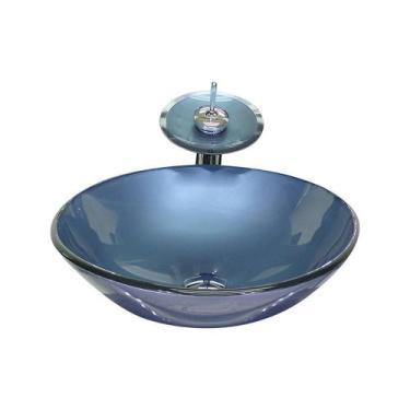 Imagem de Cuba De Vidro Redonda 31Cm ul + Valvula + Torneira Cascata - Cubas E G