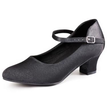 Imagem de ARCLIBER Sapatos femininos de salão de baile de cetim com tira no tornozelo 3,9 cm salto de dança moderno para salsa tango, flamenco latino, Preto acetinado, 35