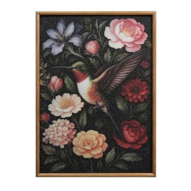 Imagem de XIAOAIKA Arte de parede texturizada vintage 3D emoldurada, beija-flor com padrões florais botânicos, impressão de pássaro de arenito desenhado à mão para decoração de parede rústica sala de estar