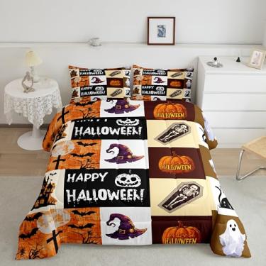 Imagem de Feelyou Conjunto de edredom de Halloween para todas as estações, patchwork, abóbora, caveira, morcego, teia de aranha, roupa de cama infantil, laranja, outono, outono, decoração de quarto, edredom de