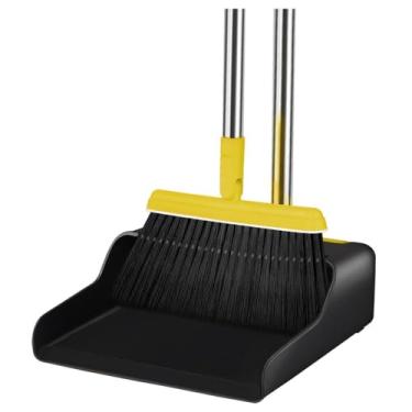 Imagem de FGY Conjunto de vassoura de cabo longo e pá de lixo de 134 cm com pá vertical para limpeza de casa, cozinha, escritório (preto e amarelo)