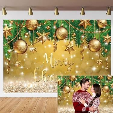 Imagem de Yeele Feliz Natal Vinil Fotografia Fundo Tema Dourado Luxo Floco de Neve Padrão Bola Pingente Banner Decoração Festa de Natal Glitter Dourado Decoração Arte de Parede Cortina de Pano de Fundo Foto, 3 x 2,4 m