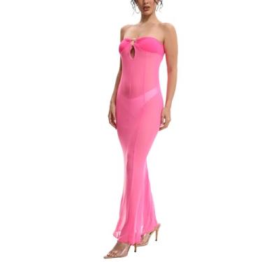 Imagem de LINNSUJH Vestidos de malha transparente para mulheres, rosa choque, transparente, vestido maxi sexy, colado ao corpo, roupas de clube, sem alças, vestido de tubo com rabo de peixe, vestidos para festa