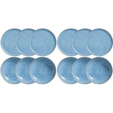 Imagem de Conjunto 12 Pratos Rasos e Fundos Cerâmica Azul Breeze Porto Brasil Me