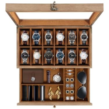 Imagem de Uten Caixa de relógio com 12 compartimentos, caixa de exibição de relógio de madeira maciça de 2 camadas com tampa de vidro, organizador de relógio com almofada macia e forro de veludo, caixa de