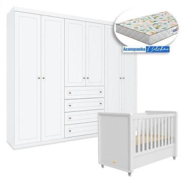 Imagem de Berço Tutto New com Guarda Roupa Mississipi 6 Portas Branco Fosco e Co