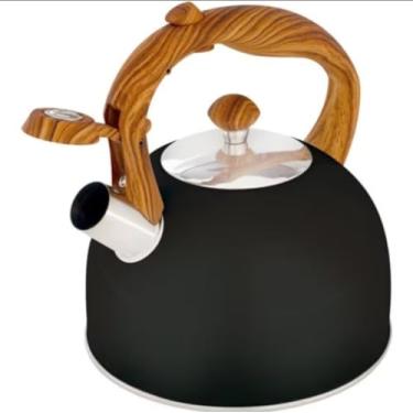 Imagem de Chaleira Mor 2,5 Litros Cabo Amadeirado Preta Aço Inox