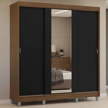 Imagem de Guarda-roupa Casal Com Pés 3 Portas De Correr Com Espelho Rustic Preto Reno Madesa