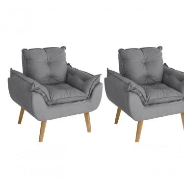 Imagem de Kit 02 Poltrona/cadeira Decorativa Confortável Glamour Opala Cinza Com Pés Quadrado - Cinza