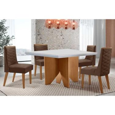 Imagem de Conjunto Sala de Jantar Nevada c/ Tampo Madeirado c/ Vidro Canto Curvo 90x90cm e 4 Cadeiras Dafne Madeira Maciça Naturale/Off White - Capuccino/Suede 
