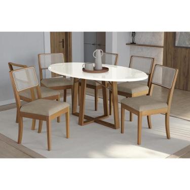 Imagem de Conjunto Sala de Jantar Elma Premium Madeira Maciça c/ Tampo Madeirado c/ Vidro 180x105cm e 6 Cadeiras Lola Carvalho/Off White - Boucle Bege Fendi-Kap