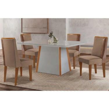Imagem de Conjunto Sala de Jantar Tilia c/ Tampo Madeirado c/ Vidro Canto Curvo 120x80cm e 4 Cadeiras Tilia Madeira Maciça Naturale/Off White - Capuccino/Suede 