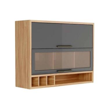 Imagem de Armário Aéreo p/ Cozinha Syrah c/ 2 Portas Basculante (1 c/ Vidro Reflecta) e Nicho Garrefeiro 120cm Amendoa/Grafite - Ronipa