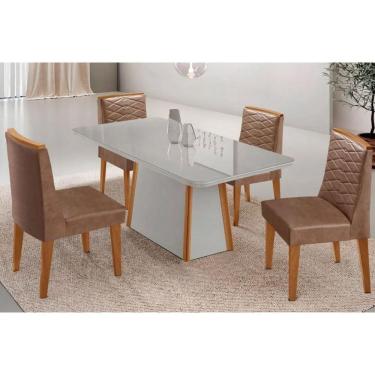Imagem de Conjunto Sala de Jantar Tilia c/ Tampo Madeirado c/ Vidro Canto Curvo 120x80cm e 4 Cadeiras Maldivas Madeira Maciça Naturale/Off White - Capuccino/Cor