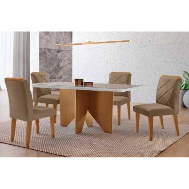 Imagem de Conjunto Sala de Jantar Nevada c/ Tampo Madeirado c/ Vidro Canto Curvo 120x80cm e 4 Cadeiras Pietá Madeira Maciça Naturale/Off White - Capuccino/Suede