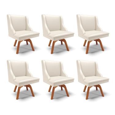 Imagem de Kit 6 Cadeiras Decorativas Sala de Jantar Base Giratória de Madeira Firenze PU Bege/Natural G19 - Gran Belo