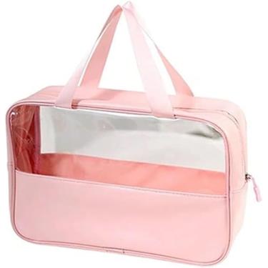 Imagem de Necessaire Transparente Grande Feminina para Viagem – Organizador Impermeável e Portátil com Zíper | Perfeita para Maquiagem, Skincare, Cosméticos e Produtos de Higiene (ROSA)